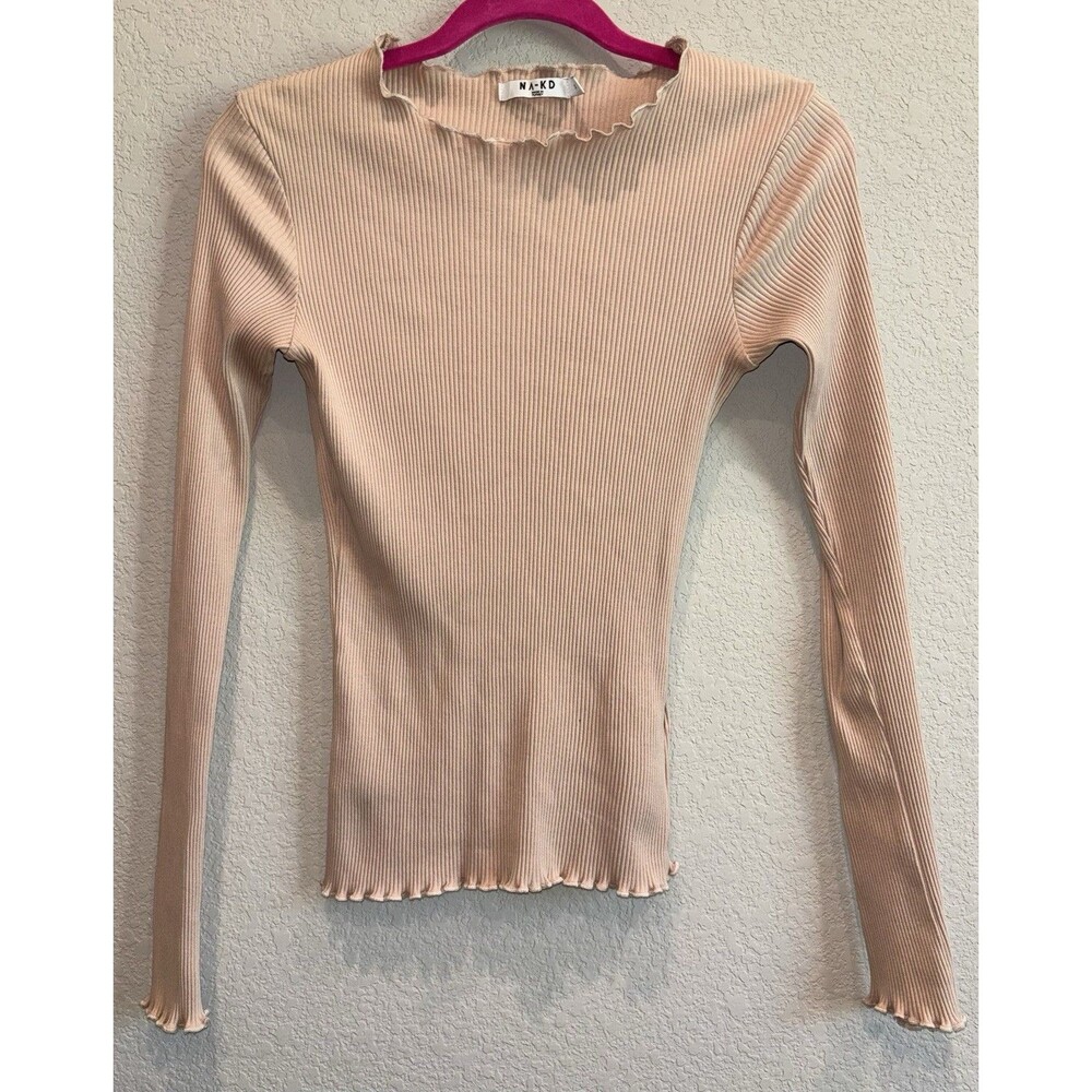 NA-KD Beige Long Sleeve Ribbed Blouse Womens S